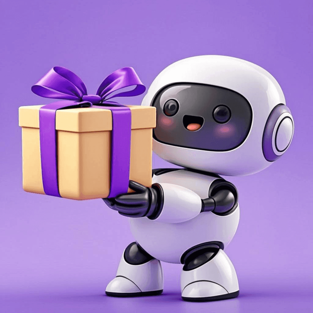 ربات هوشمند ai-gifts همراه با جعبه هدیه و آیکون‌های اپلیکیشن‌های هوش مصنوعی